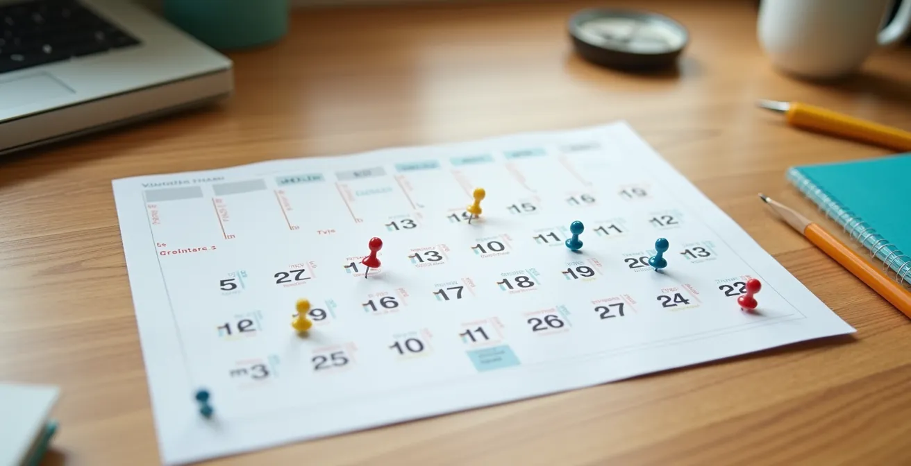 Vue en plongée d'un calendrier avec des marqueurs colorés sur un bureau en bois