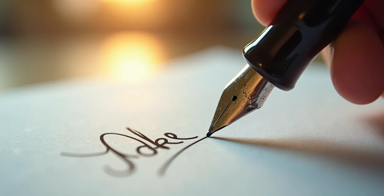 Gros plan sur une signature apposée sur un document avec un stylo plume