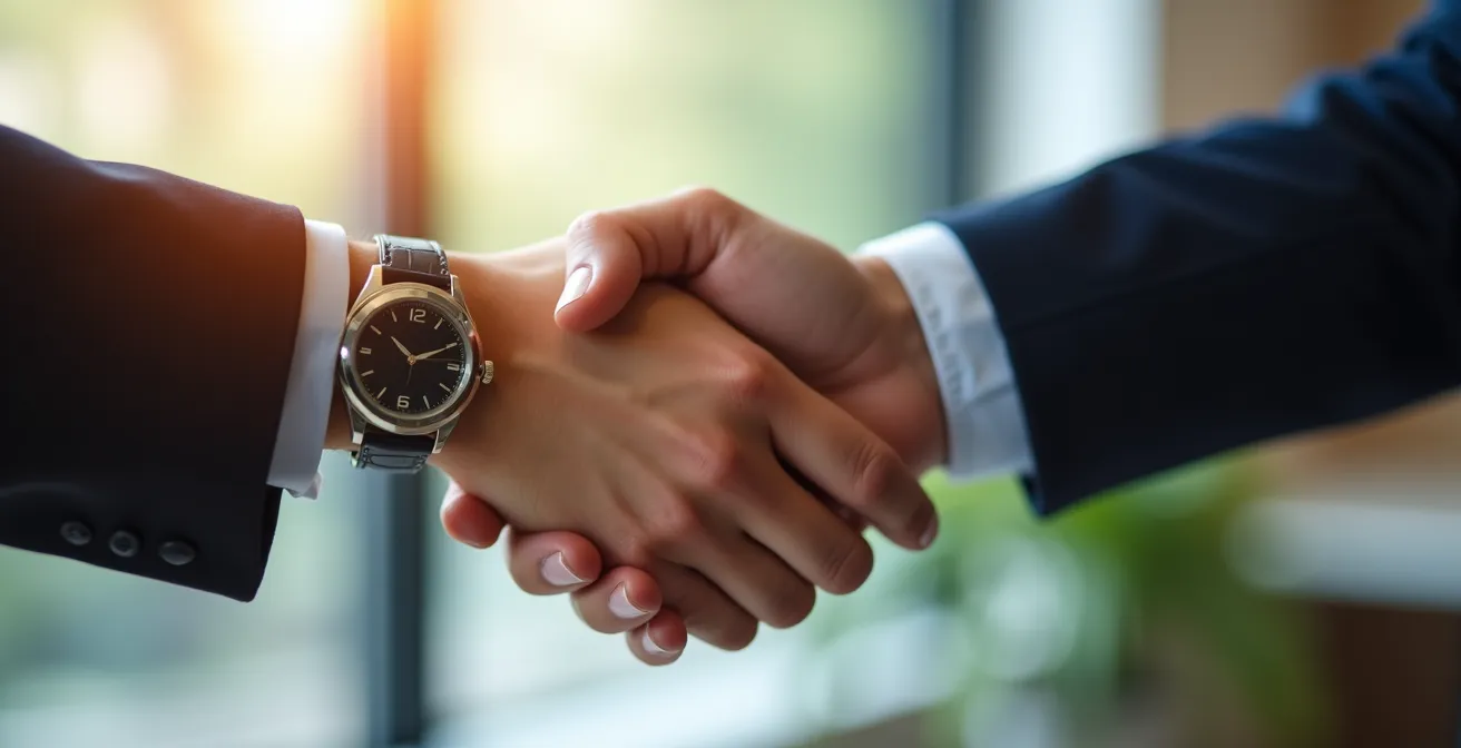 Poignée de main ferme entre deux professionnels dans un environnement lumineux
