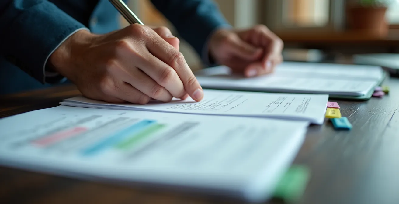 Mains organisant méthodiquement des documents sur une table de travail