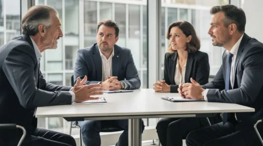 Élus CSE en réunion collaborative autour d'une table de réunion d'entreprise