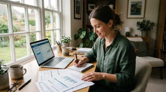 Auto-entrepreneur examinant des relevés bancaires sur son ordinateur dans un espace de travail lumineux