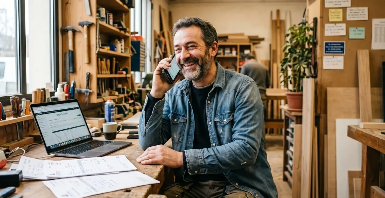 Auto-entrepreneur au téléphone dans son atelier, affichant une expression soulagée, des papiers administratifs visibles