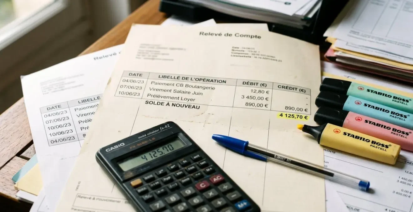Gros plan sur des relevés bancaires professionnels annotés et une calculatrice posée sur un bureau